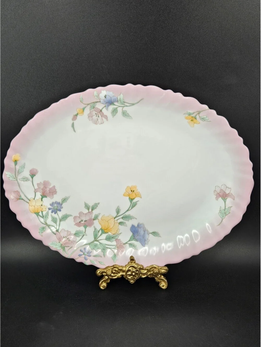 Vintage Arcopal France Elise Oval Serving Platter Pink Ombre Rim Floral 13